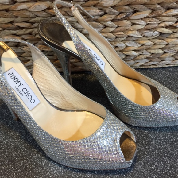 Jimmy Choo Silver “Nova” Peep Toe Heels - Picture 8 of 16